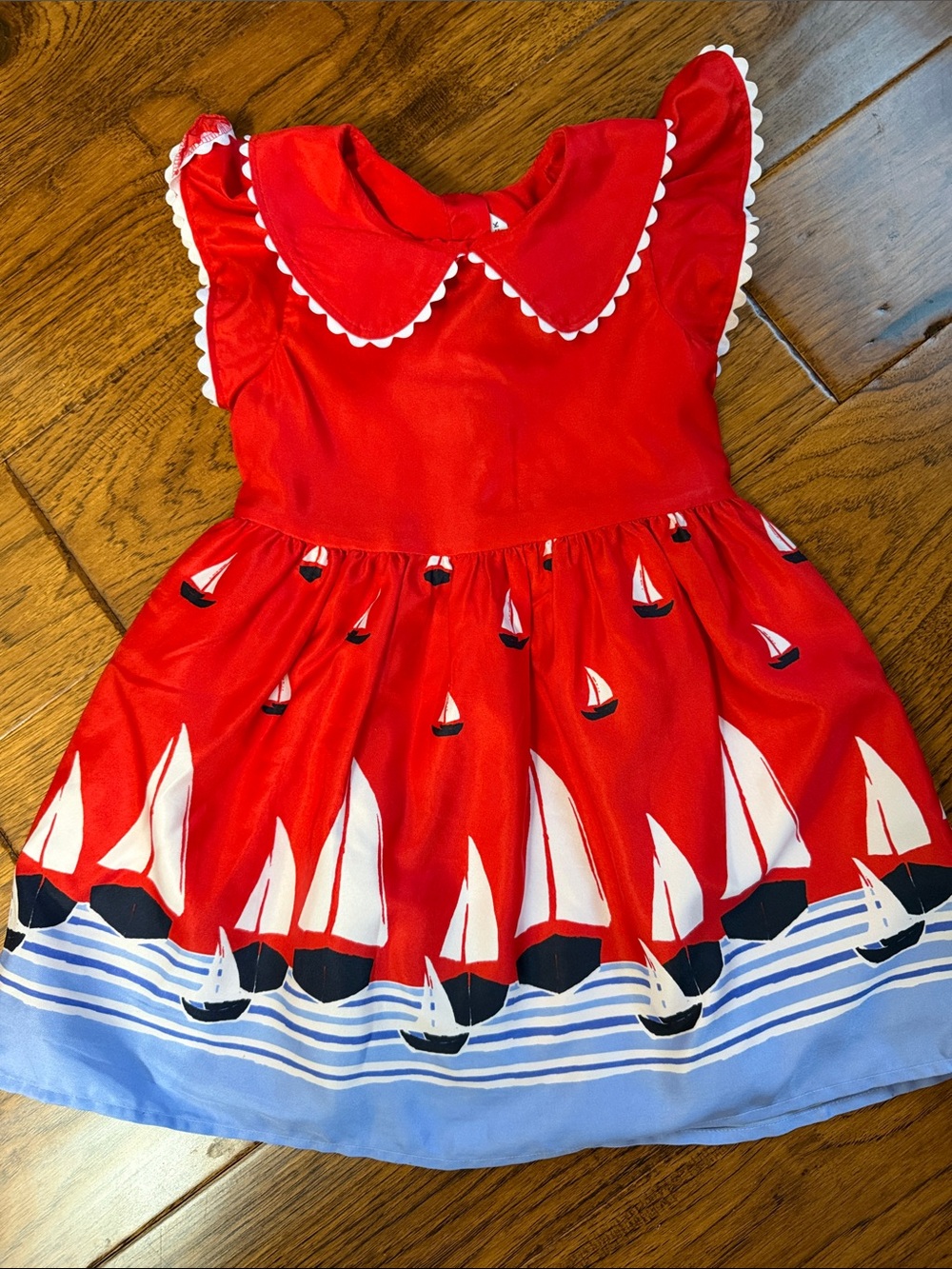 Janie and Jack Red Sailboat Border-Print Dress with Peter Pan Collar